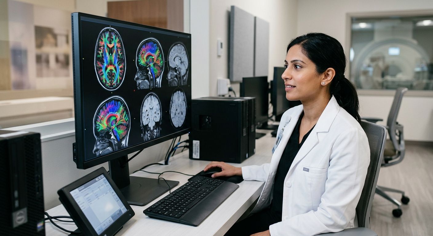 Board-certified radiologist reviewing advanced brain MRI scans on a large monitor in a modern imaging suite