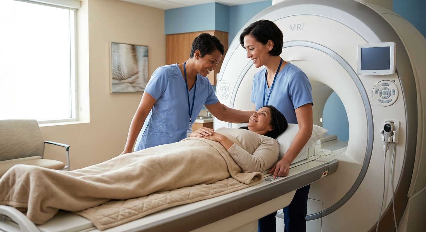 Compassionate imaging technologist assisting patient in modern MRI suite with open MRI machine