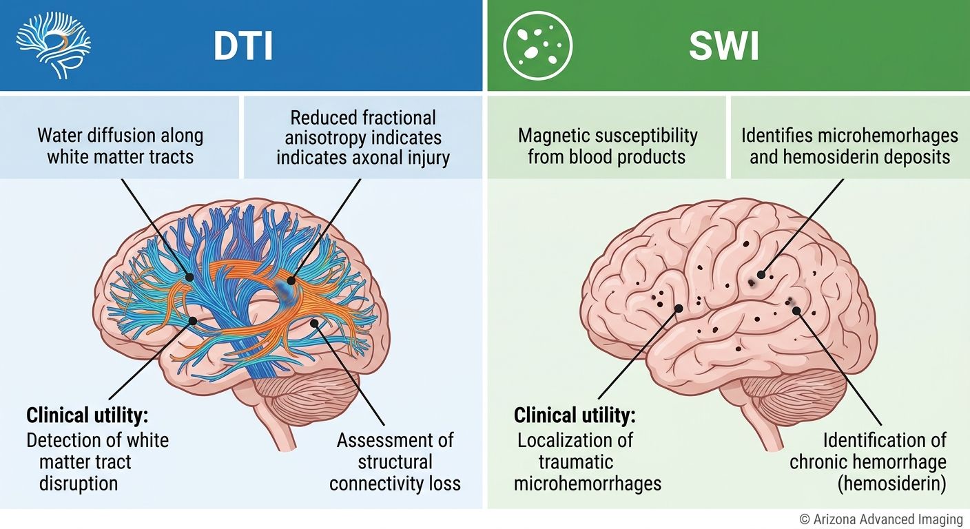Comparison infographic of DTI and SWI for traumatic brain injury detection