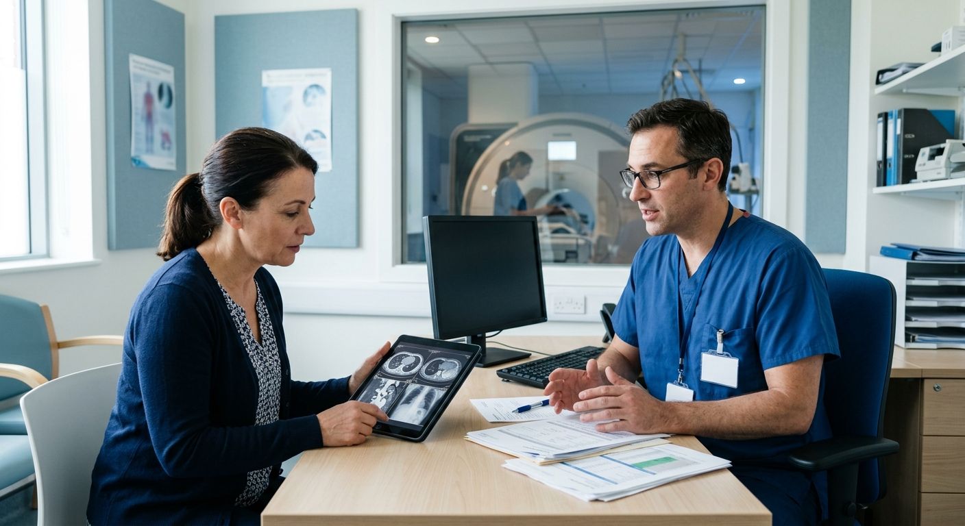 A female patient and a male radiologist in a modern radiology center discussing prior authorization, with an MRI machine in the background, no text visible.