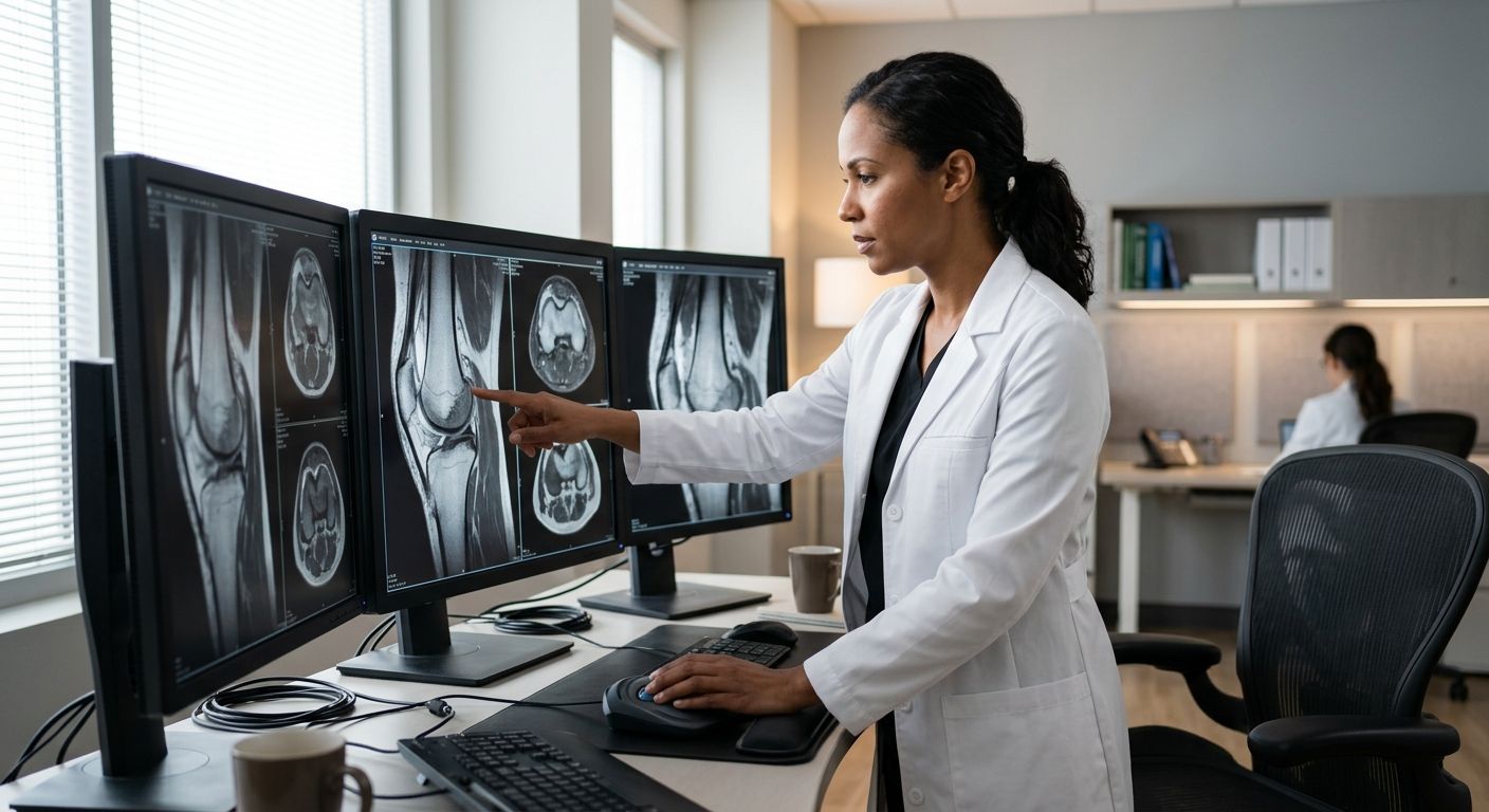 Board-certified radiologist analyzing high-resolution musculoskeletal MRI scans on multiple monitors in a modern medical reading room