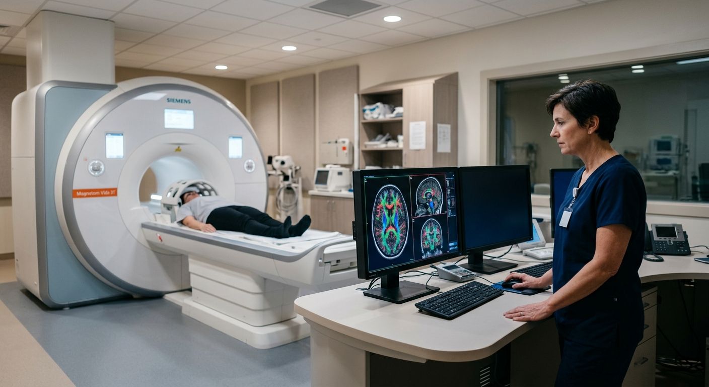 Modern MRI suite with advanced scanner and radiologist examining color-coded brain scan on monitor
