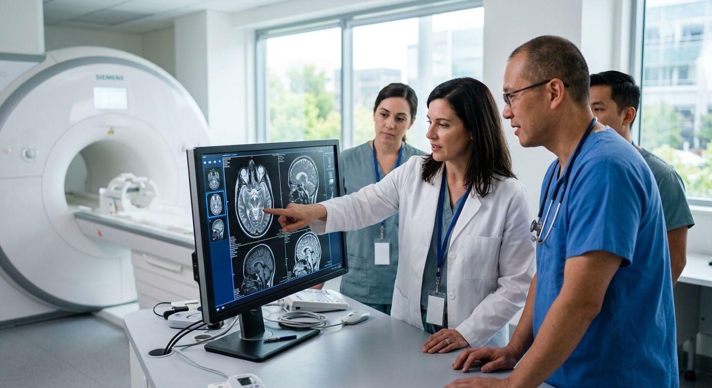 Radiology team discussing MRI brain scans on a high-resolution monitor in a modern imaging center, with a specialist pointing to a finding and a referring physician observing.