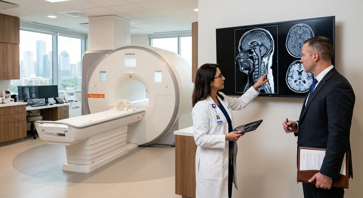 Modern diagnostic imaging suite with MRI scanner, radiologist and personal injury lawyer reviewing digital scan on large monitor in Houston, TX