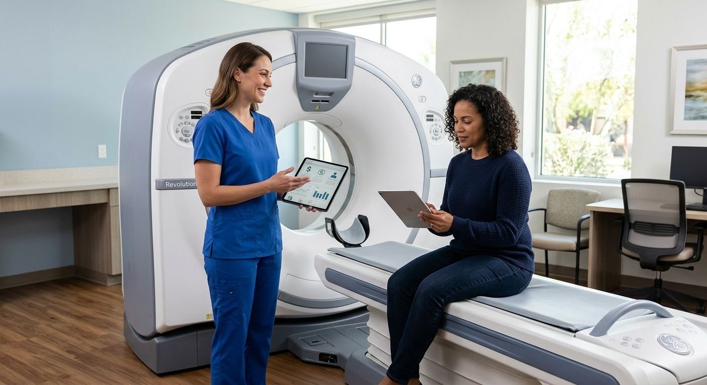 A modern CT scanner in a bright, welcoming imaging suite at AZ Advanced Imaging in Phoenix. A friendly technologist in blue scrubs stands beside the machine, holding a tablet displaying transparent pricing options. A patient in casual clothing sits comfortably, reviewing an iPad with cost estimates. Natural light streams through large windows, creating a calm, reassuring atmosphere.
