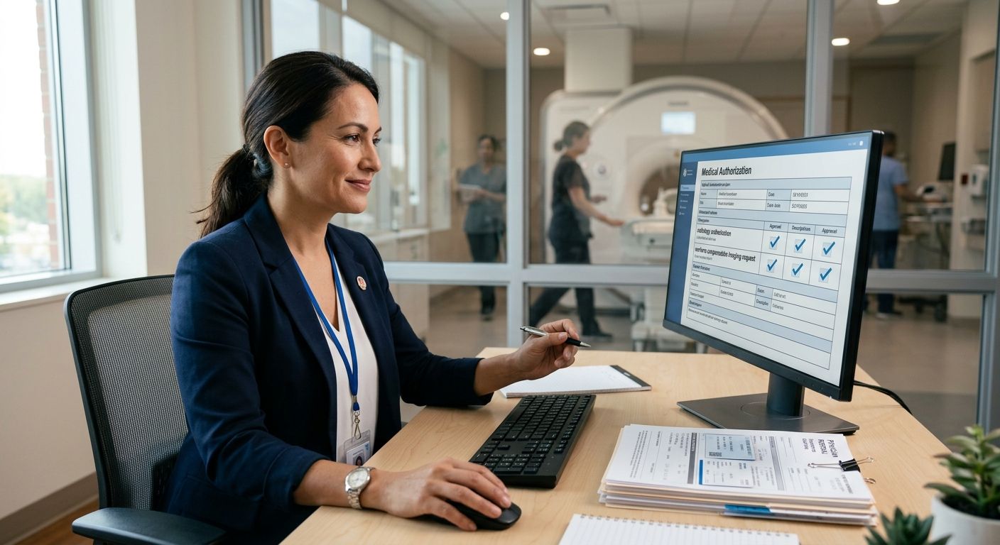 A medical authorization coordinator reviewing a workers' compensation imaging request on a computer screen in a modern office with diagnostic equipment visible through a window