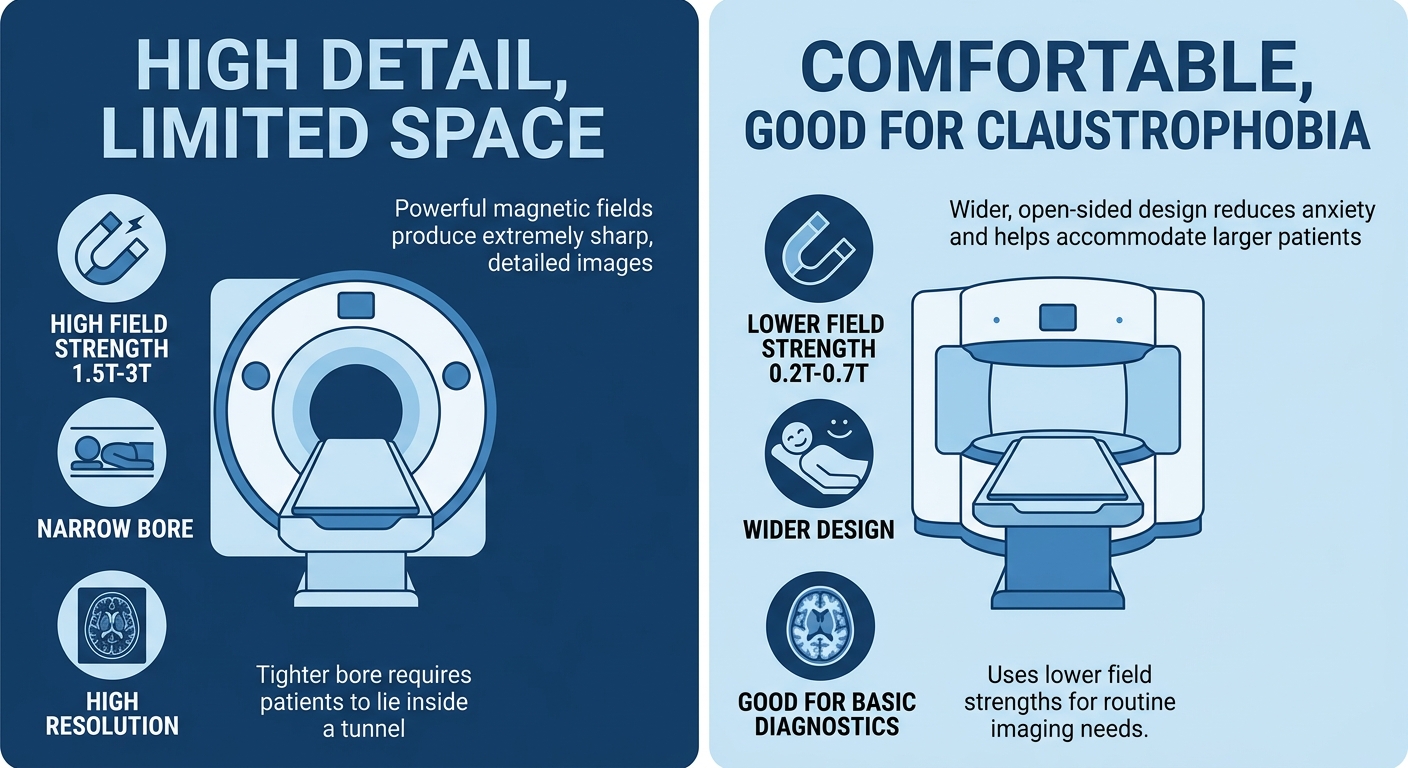 Side-by-side comparison infographic of closed MRI and open MRI systems showing differences in field strength, design, and image quality