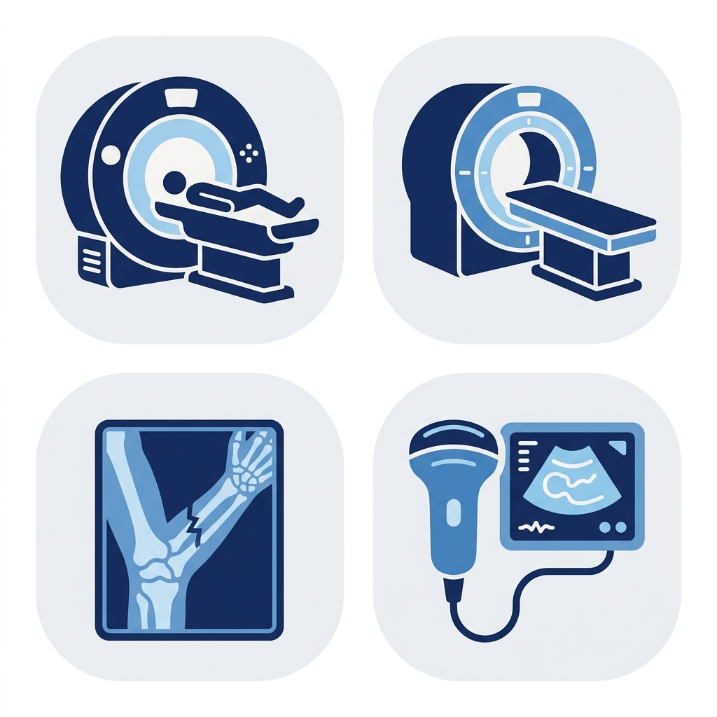 Icon set of medical imaging services for legal cases: MRI scanner, CT machine, X-ray film, and ultrasound probe in blue tones.