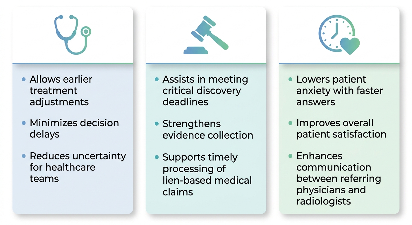 Three-column medical infographic showing the clinical, legal, and patient experience benefits of fast radiology report turnaround for AZ & TX Advanced Imaging.