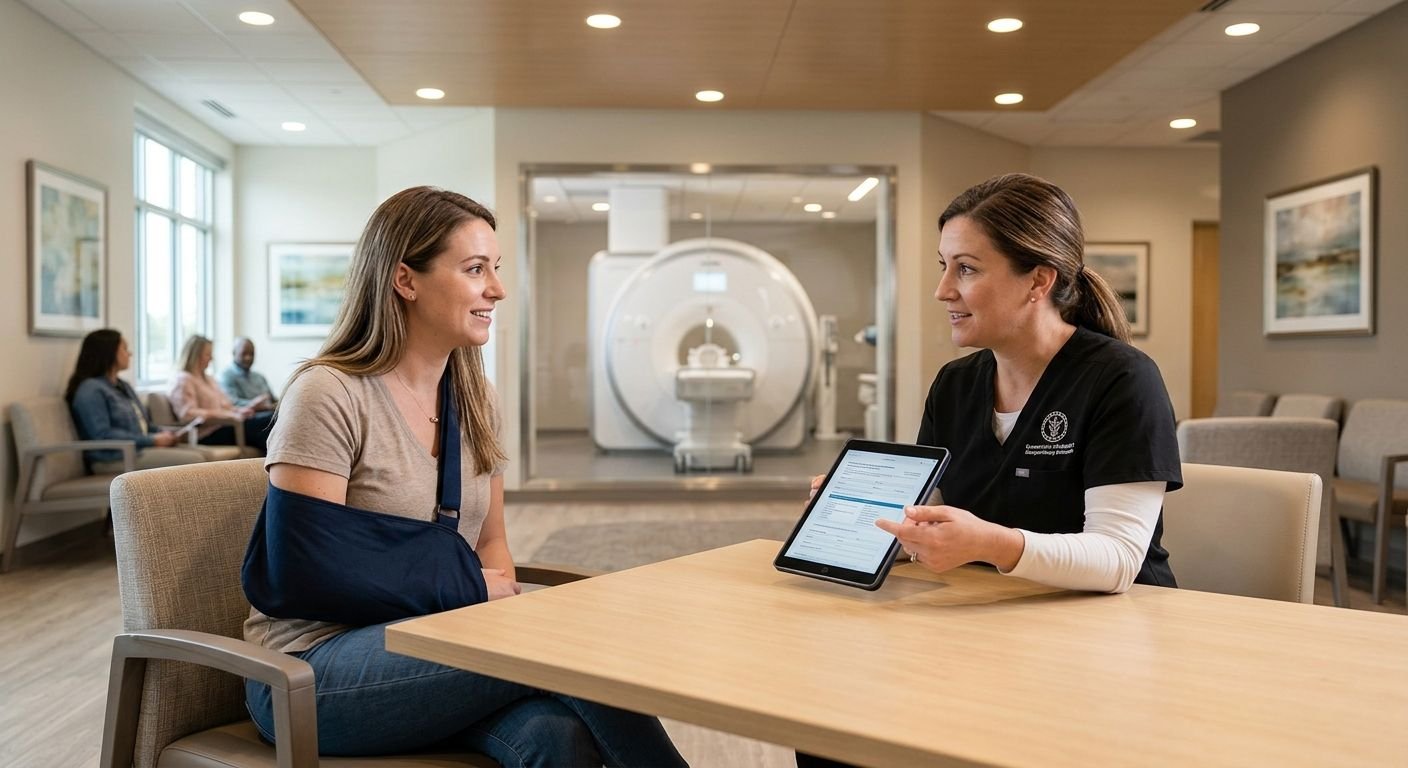 Professional photograph of a compassionate staff member explaining payment options to a personal injury patient in a bright, modern imaging center waiting area