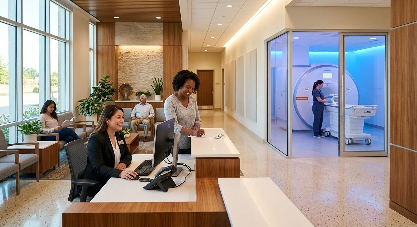 Interior of a modern freestanding MRI center in Texas with a smiling patient coordinator at the front desk and a hallway leading to a softly lit open MRI suite.