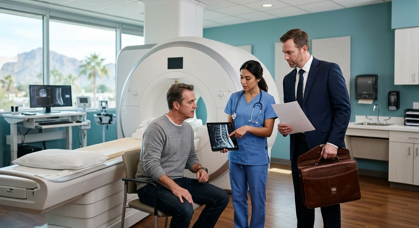 Radiologist explaining MRI to patient while attorney observes in a modern radiology suite
