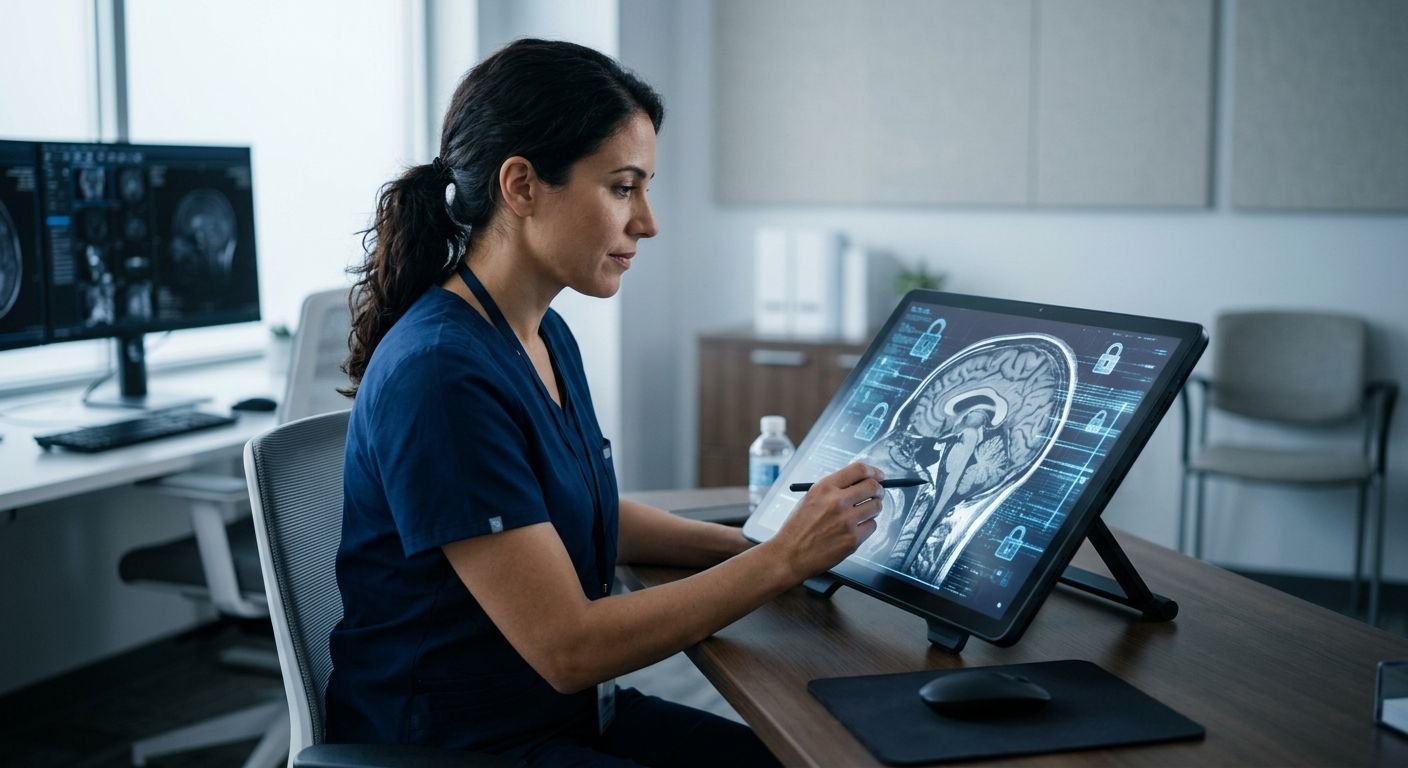 Radiologist in scrubs reviewing a high-resolution medical scan on a large encrypted tablet in a modern radiology workspace, with transparent data stream and lock overlays symbolizing HIPAA security.