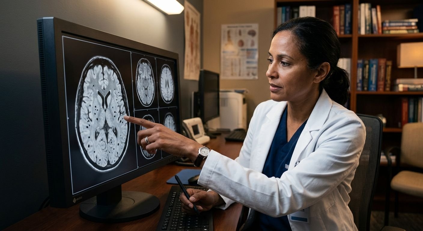 Neuroradiologist examining susceptibility weighted imaging brain scans on a monitor in a modern reading room