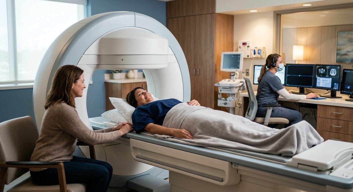 A calm patient inside an open MRI scanner with a wide room view, technologist at console, family member nearby