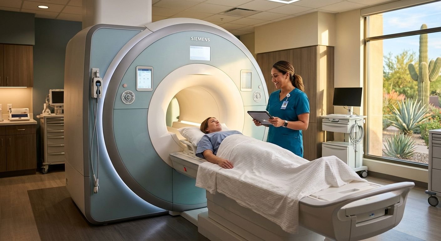 Friendly female radiology technician in teal scrubs standing beside a wide-bore 3T MRI scanner while a draped patient rests comfortably on the table in a sunlit Phoenix imaging suite.