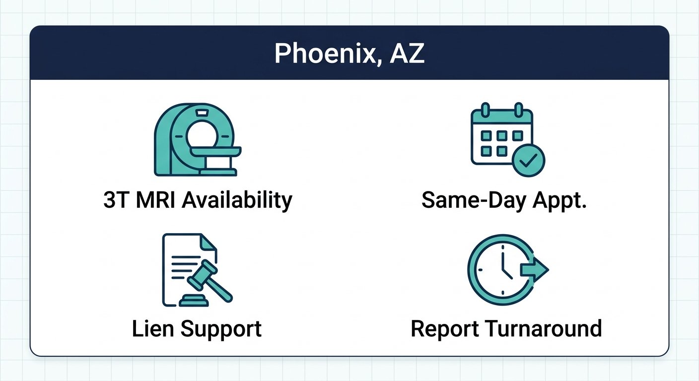 Infographic showing Phoenix, AZ MRI center features: 3T MRI availability, same-day appointments, lien support, and report turnaround with flat icons.