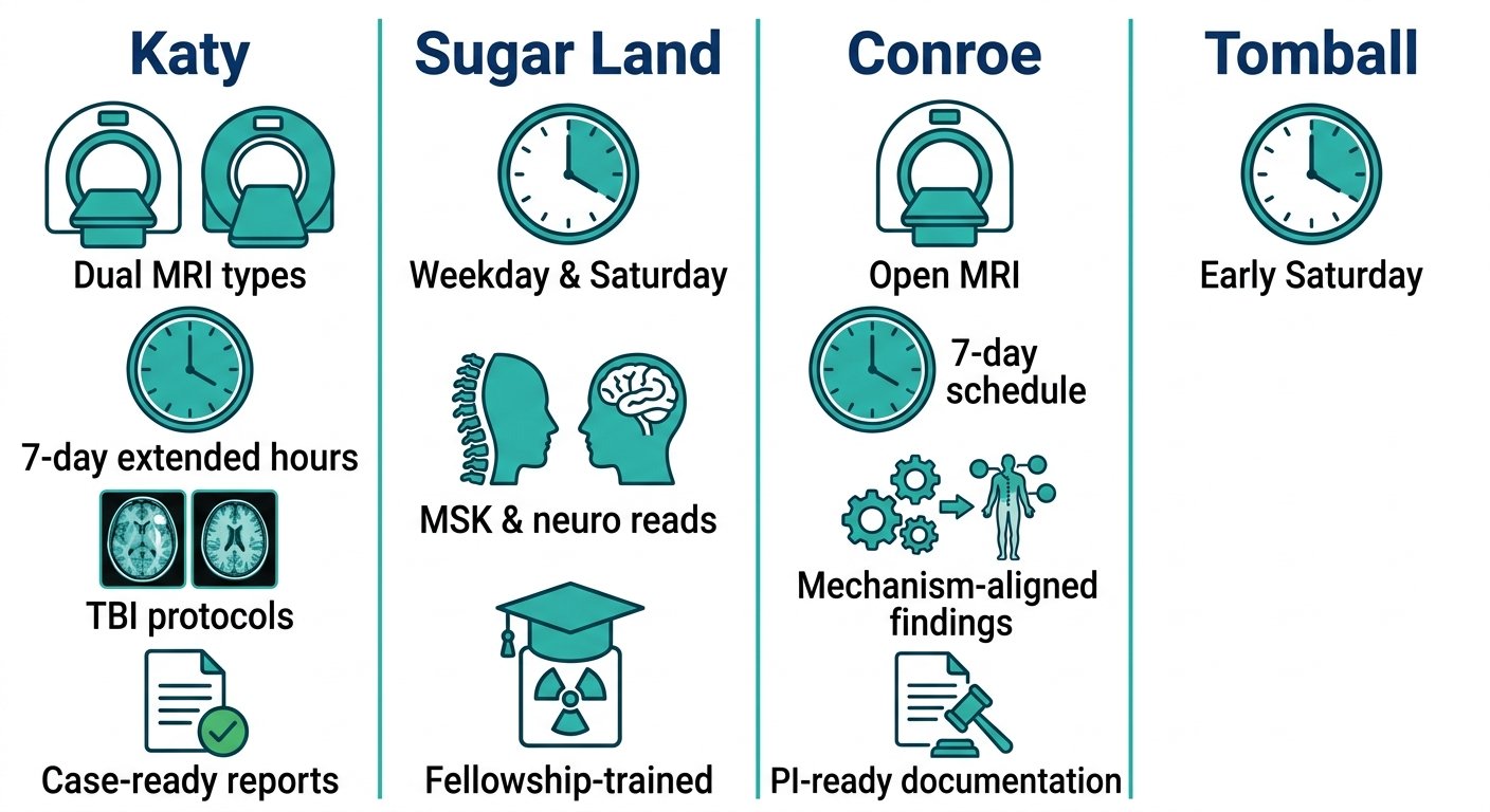 Professional infographic comparing four Texas freestanding MRI centers