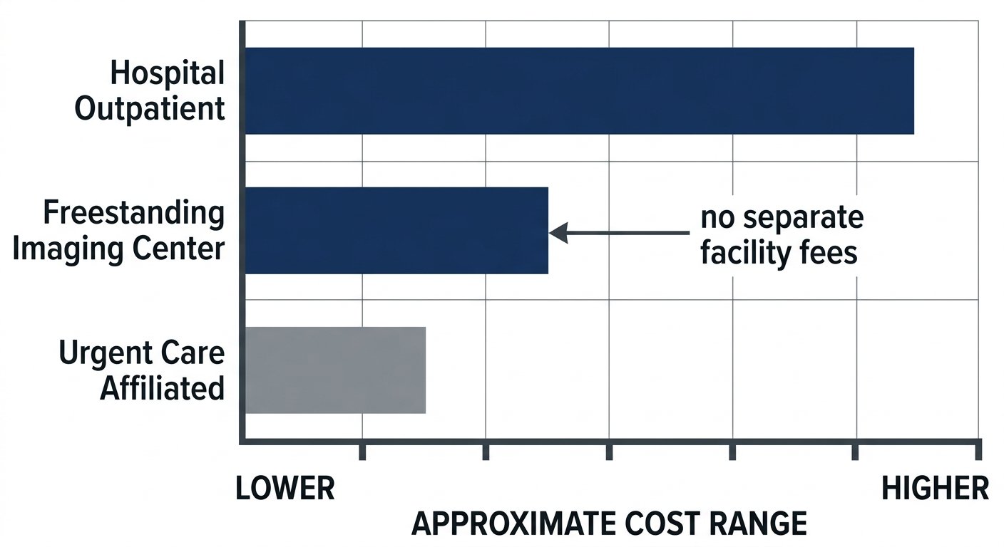 Bar chart comparing cash-pay MRI cost ranges across Hospital Outpatient, Freestanding Imaging Center, and Urgent Care Affiliated facilities in Arizona, shown in brand blue and gray tones.