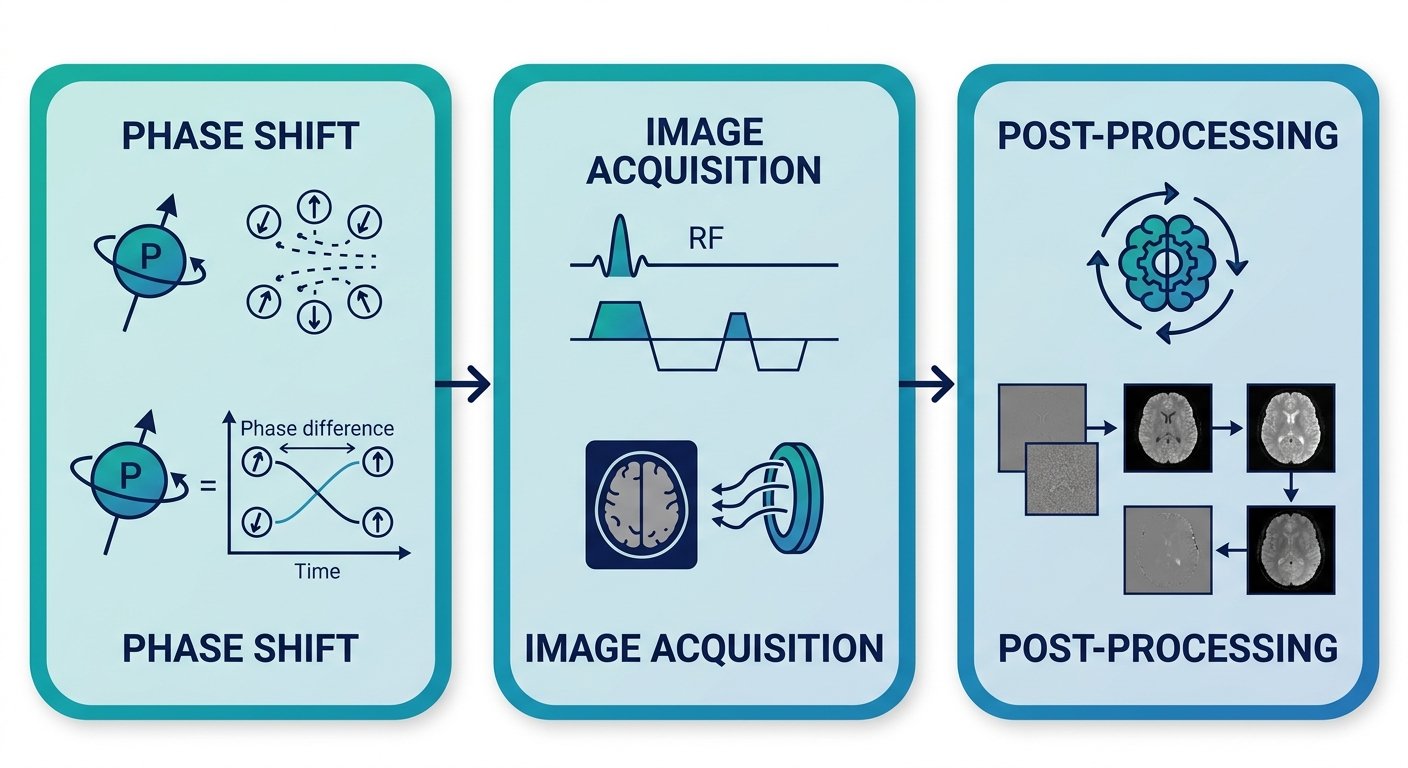 Process flow diagram showing three steps of susceptibility weighted imaging: magnetic susceptibility phase shift, image acquisition, and post-processing to enhance venous structures.