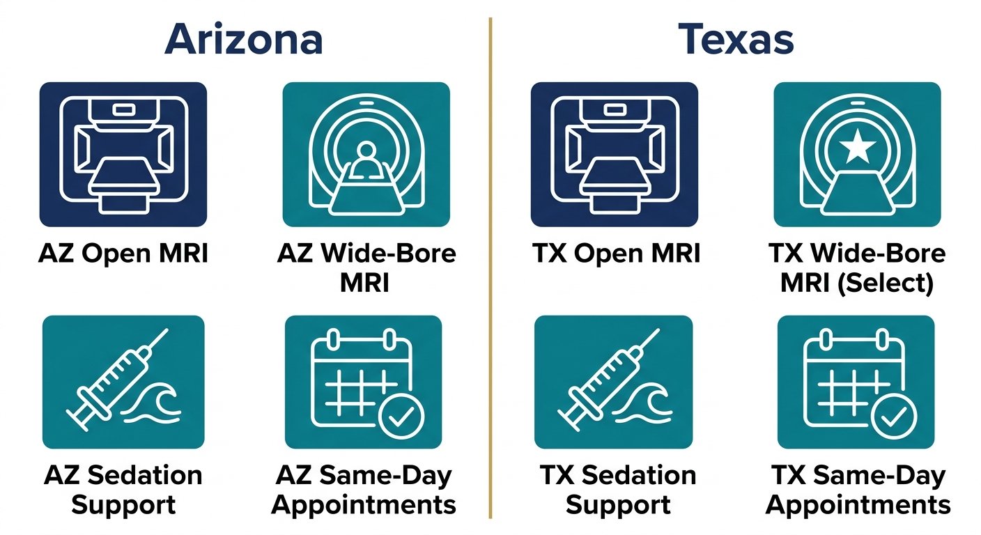 Infographic comparing claustrophobia-friendly MRI options in Arizona and Texas