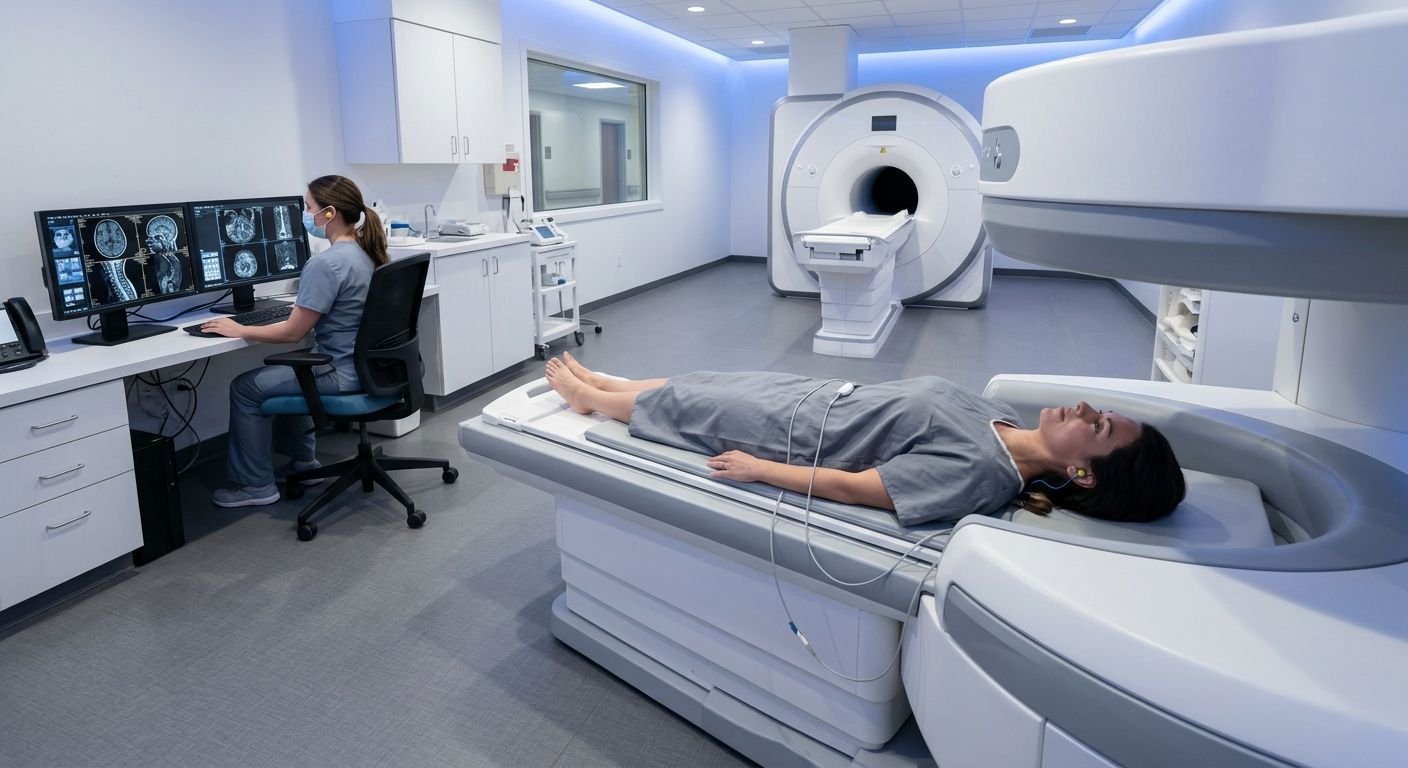 Open MRI suite with patient between flat magnets, closed MRI bore in background, radiologist reviewing images on monitor