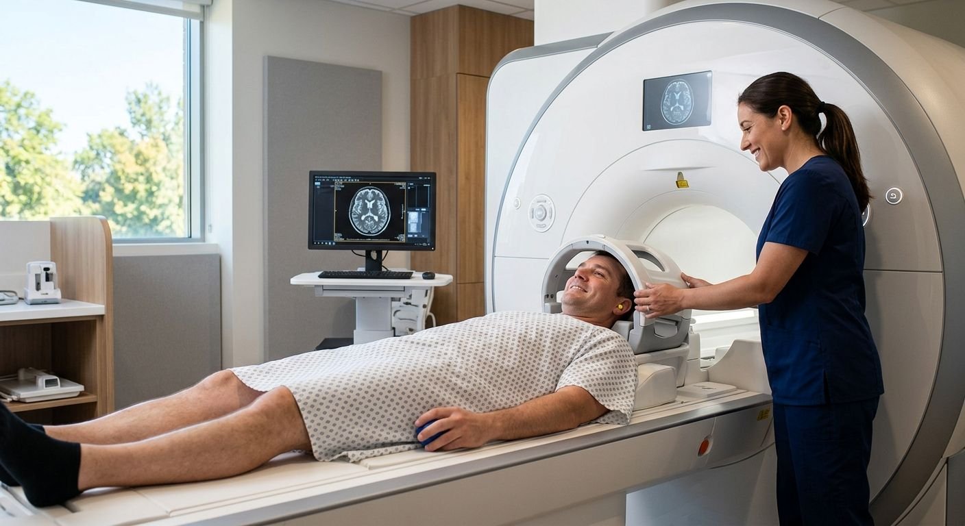 Male patient undergoing MRI at a modern imaging suite with technologist assisting, warm professional atmosphere.