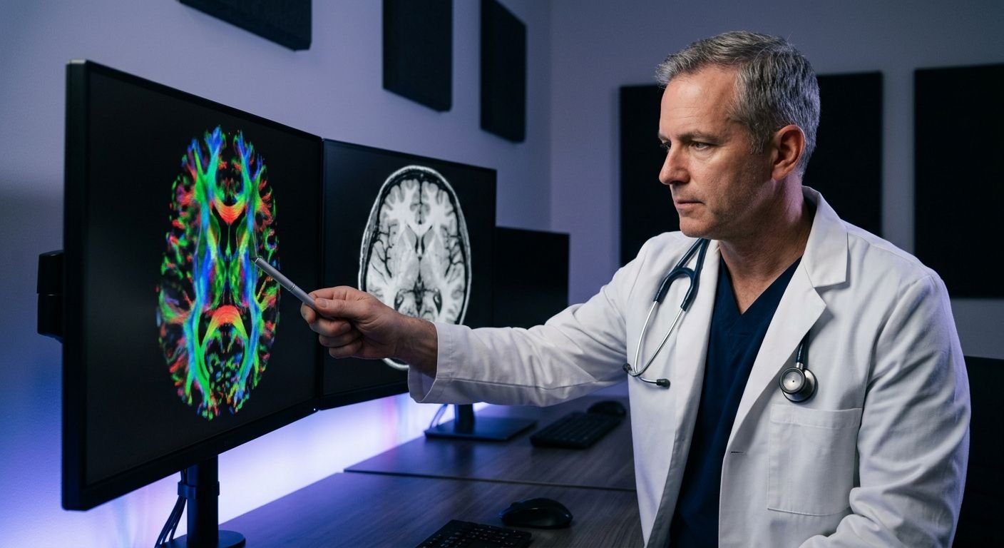 Radiologist in a white coat using a digital pointer to review a high-resolution brain MRI scan with DTI color maps on dual monitors in a darkened reading room