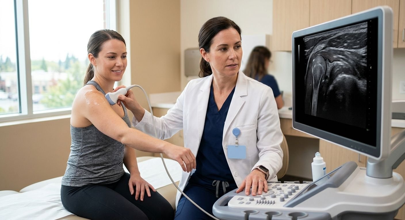 Radiologist performing dynamic MSK ultrasound on a patient's shoulder in a modern medical clinic