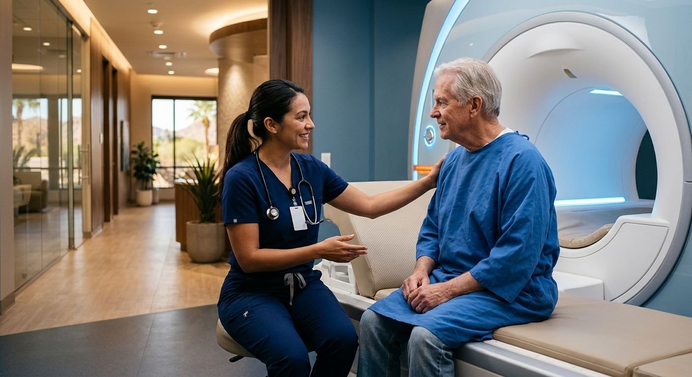 Compassionate radiologist explaining open MRI procedure to patient in calming blue-toned imaging center