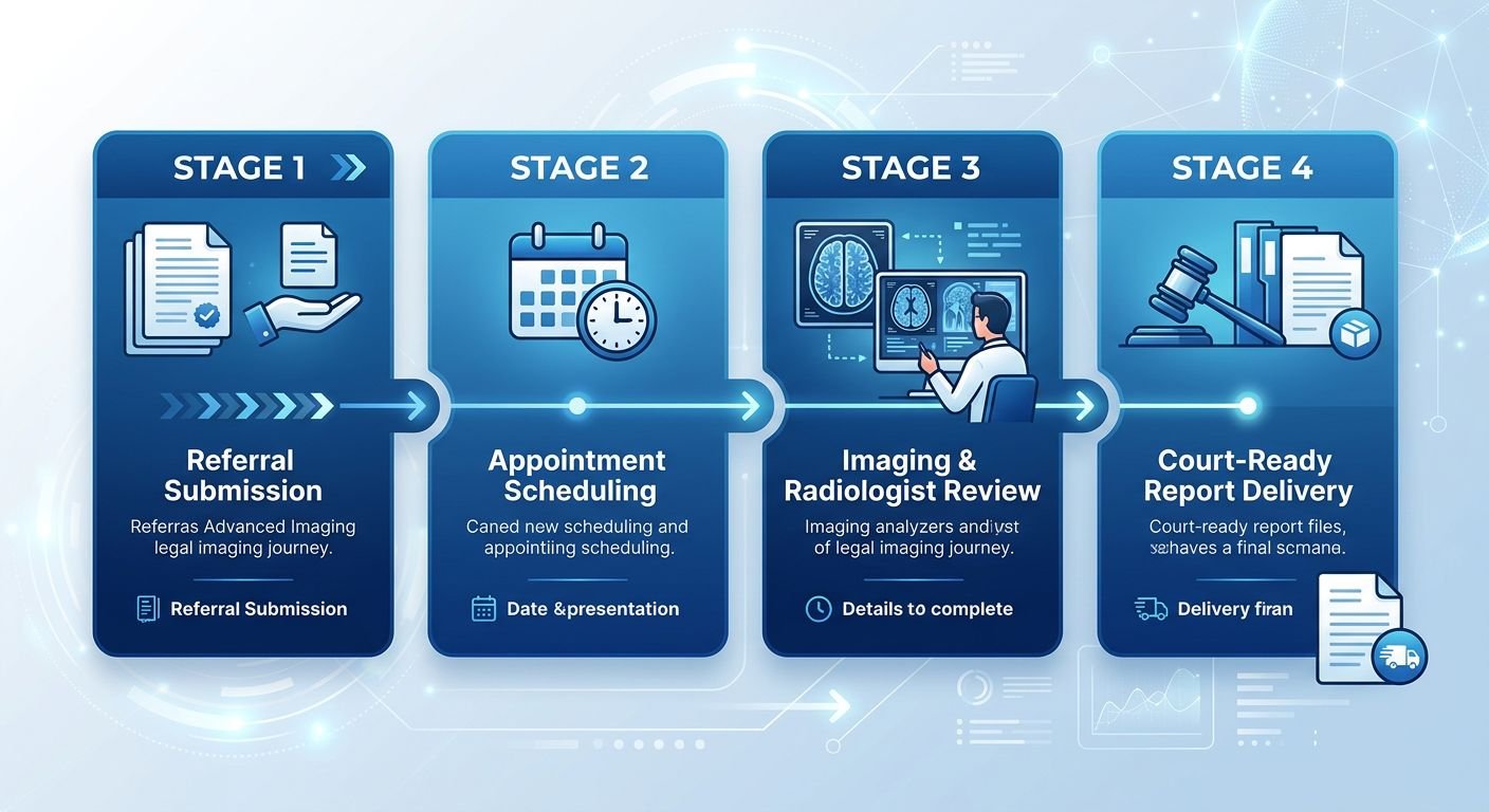 Horizontal process flow diagram showing four steps of the imaging journey for attorneys: Referral Submission, Appointment Scheduling, Imaging & Radiologist Review, and Court-Ready Report Delivery.
