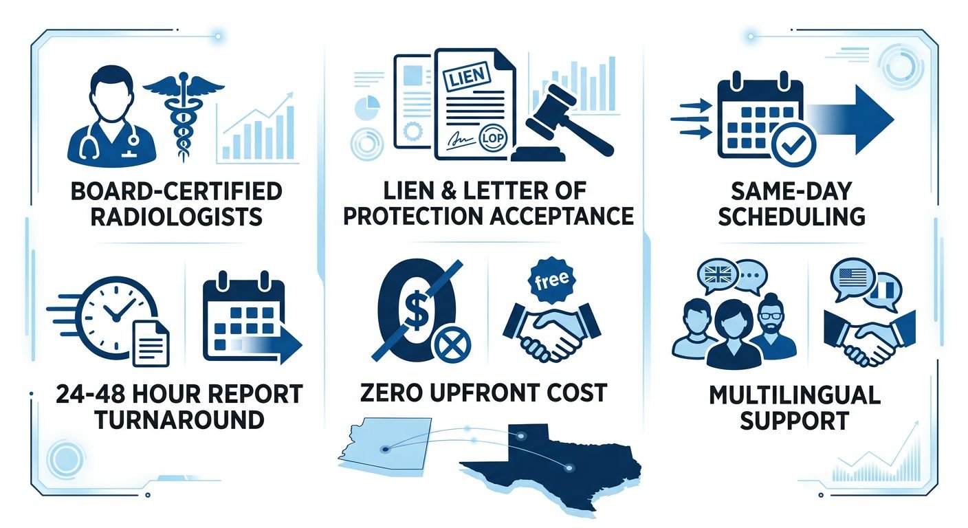 Infographic comparing three key qualities for legal imaging partners: board-certified radiologists with fast turnaround, lien acceptance with no upfront costs, and same-day scheduling with multilingual support. Subtle map of Arizona and Texas in background.