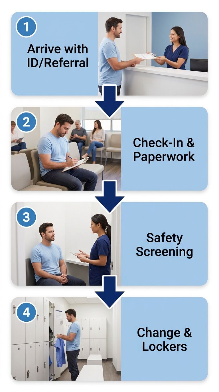 Vertical flow diagram showing four steps of patient arrival and check-in process at a diagnostic imaging center: arriving with identification, check-in and paperwork, safety screening, and changing into gown.