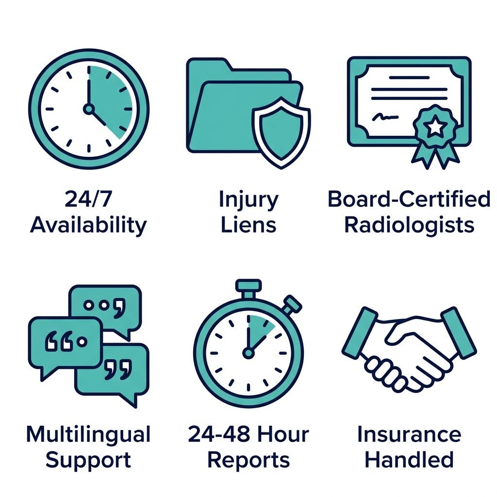 Icon set showing patient benefits: clock for 24/7 availability, file with shield for injury liens accepted, certificate for board-certified radiologists, chat bubbles for multilingual support, stopwatch for 24-48 hour reports, and handshake for insurance handling.