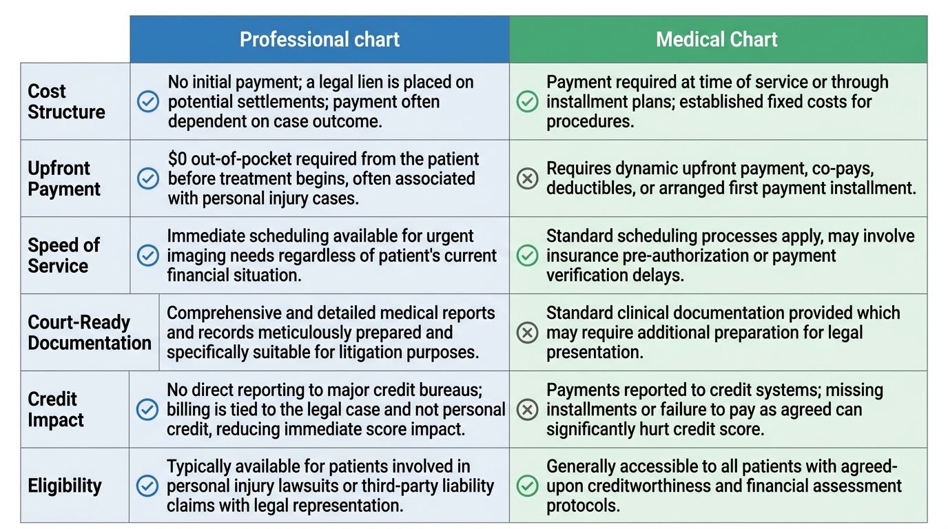 Two-column comparison chart of radiology billing options: attorney referral lien MRI vs payment plan MRI, with six criteria.
