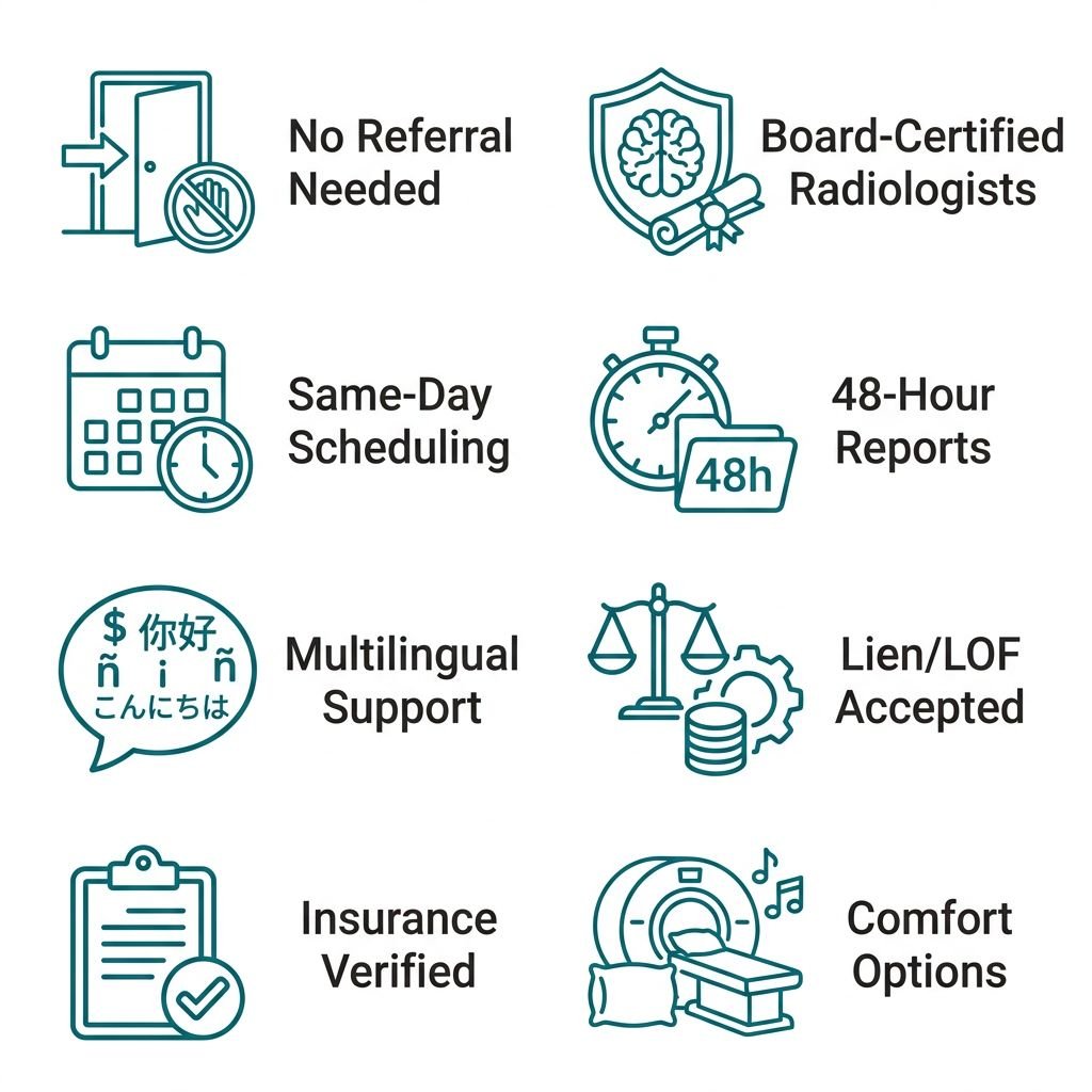 Icon set showing walk-in MRI convenience features: eight icons with labels for no referral needed, same-day scheduling, multilingual support, insurance verified, board-certified radiologists, 48-hour reports, lien/LOF accepted, and comfort options.