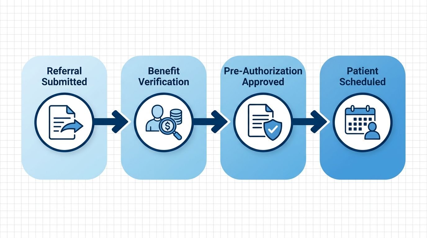 4-step process flow diagram showing the pre-authorization imaging workflow: physician referral submitted, insurance benefit verification, pre-authorization approval obtained, patient notified and scheduled.