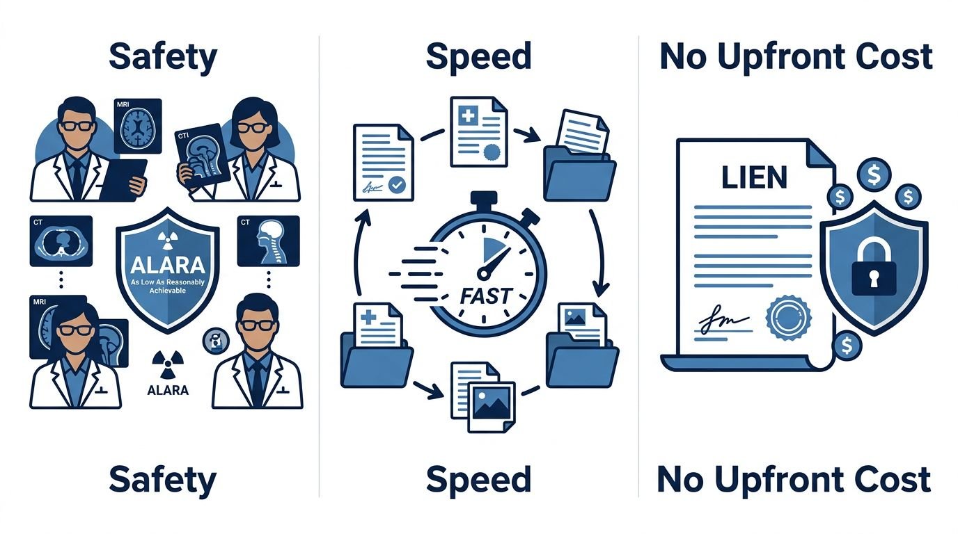 A clean three-column infographic summarizing core commitments for personal injury imaging: Safety (board-certified radiologists, ALARA), Speed (fast report delivery), and No upfront cost (liens and letters of protection). Professional blue and white palette, modern sans-serif icons.