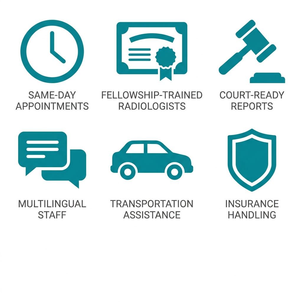 Grid of six flat icons for sports injury MRI services including same-day appointments, fellowship-trained radiologists, court-ready reports, multilingual staff, transportation assistance, and insurance handling. Teal icons on white with gray labels.