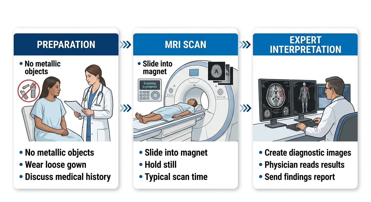 Three-step process diagram for shoulder MRI: Preparation, MRI Scan, and Expert Interpretation.