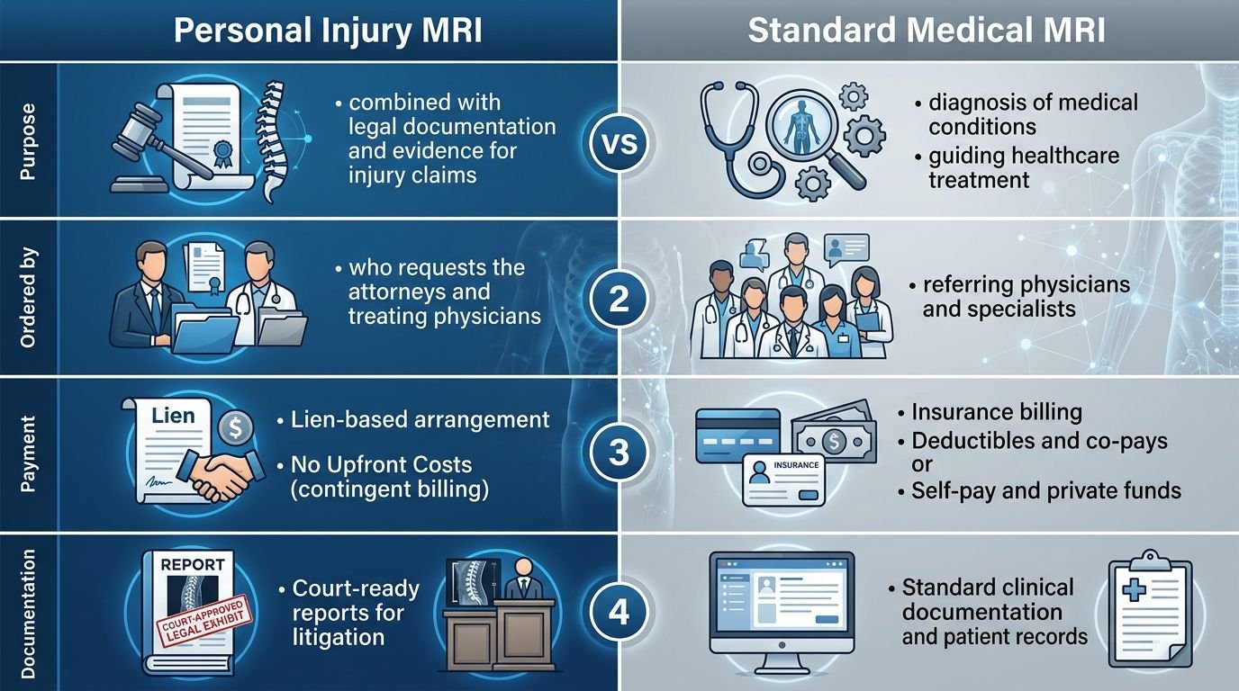 Two-column comparison infographic: Personal Injury MRI (left, blue) vs. Standard Medical MRI (right, gray). Rows show Purpose, Ordered By, Payment, and Documentation with icons.