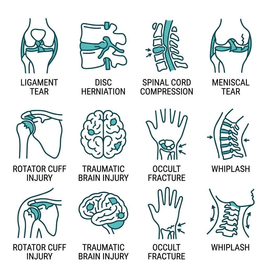 Eight medical icons representing MRI-detectable injuries: ligament tear, disc herniation, spinal cord compression, meniscal tear, rotator cuff injury, traumatic brain injury, occult fracture, and whiplash