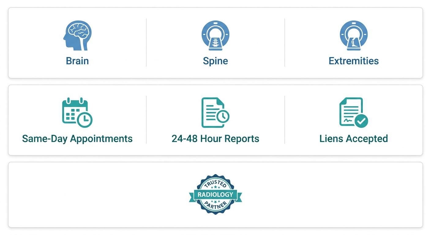 Infographic of MRI services including brain, spine, and extremity imaging with same-day appointments, 24-48 hour report turnaround, liens accepted, and board-certified radiologists.