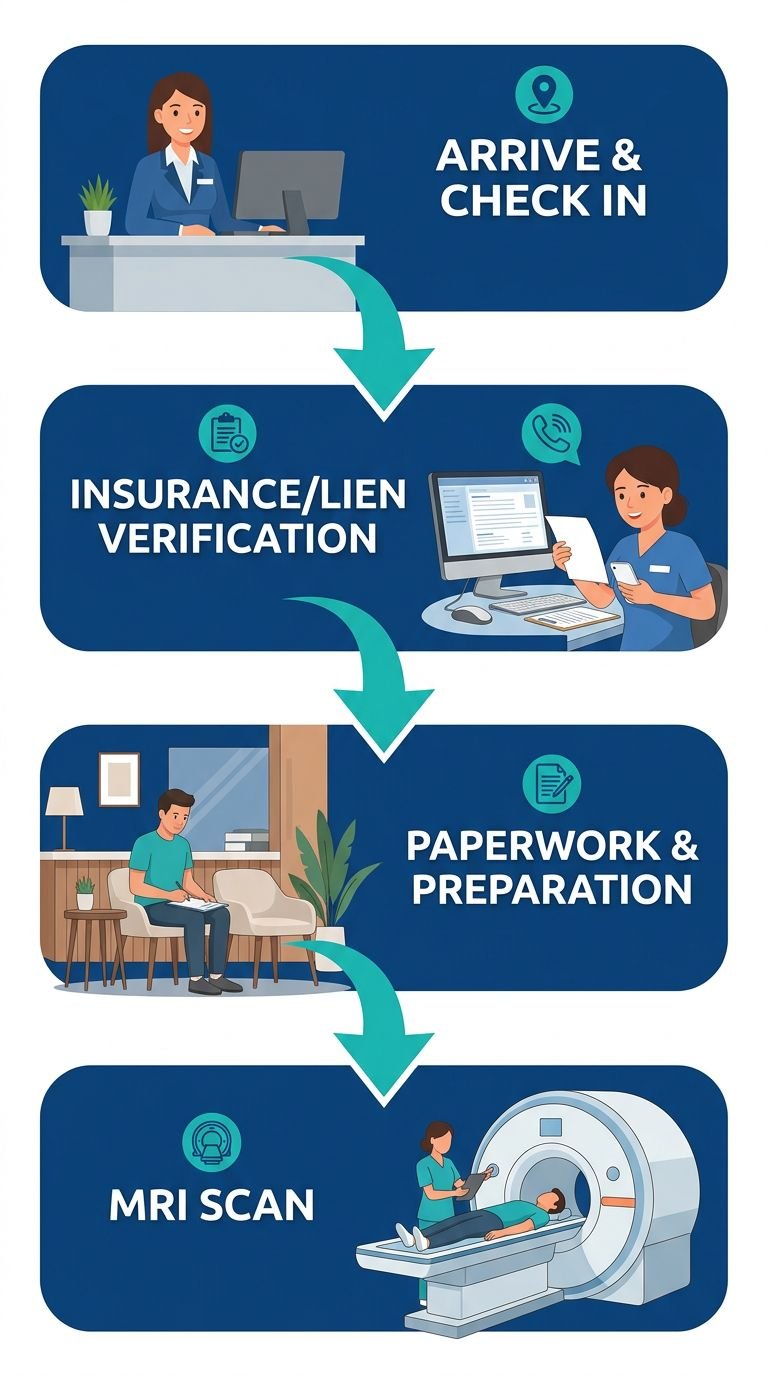 Vertical process flow diagram of four steps for patient arrival at AZ Advanced Imaging: Arrive and Check In, Insurance/Lien Verification, Paperwork and Preparation, MRI Scan.