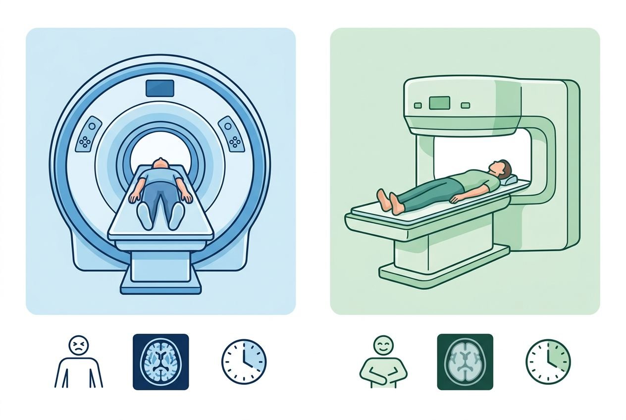 Comparison of closed and open MRI scanners showing differences in design, comfort, and image quality for diagnostic imaging.