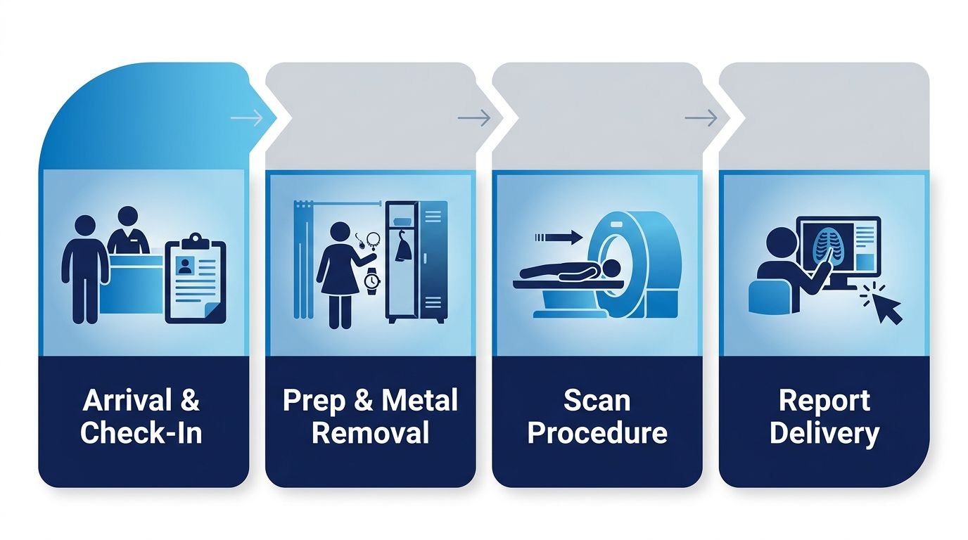 Imaging appointment process flow showing four steps: check-in, preparation, scan procedure, report delivery