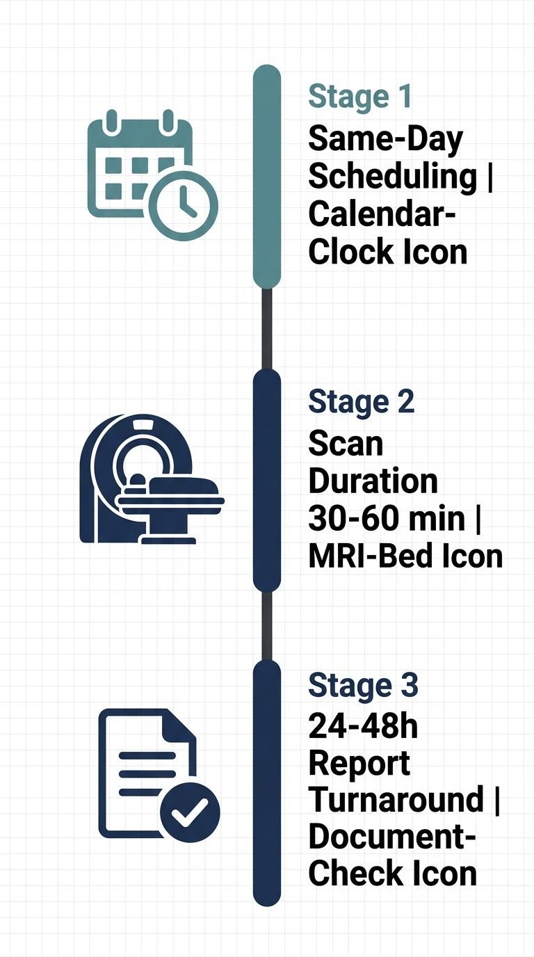 Vertical timeline showing three stages: Same-Day Scheduling, Scan Duration 30-60 minutes, and 24-48 hour report turnaround for diagnostic imaging at Arizona Advanced Imaging.