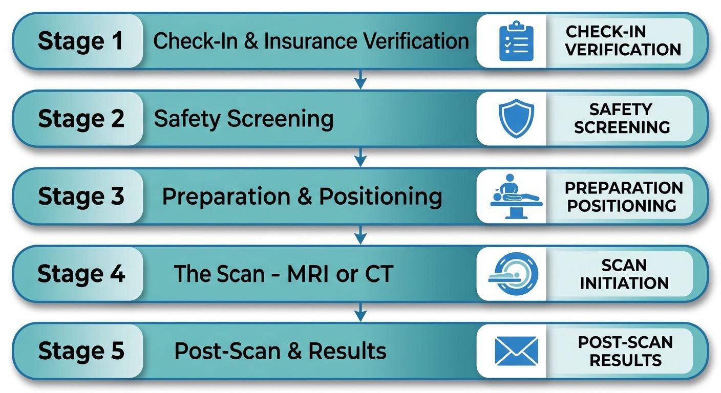 Vertical five-step process flow for an MRI and imaging appointment at Arizona Advanced Imaging, showing check-in, safety screening, preparation, scan, and post-scan steps with calming blue-to-teal gradient.