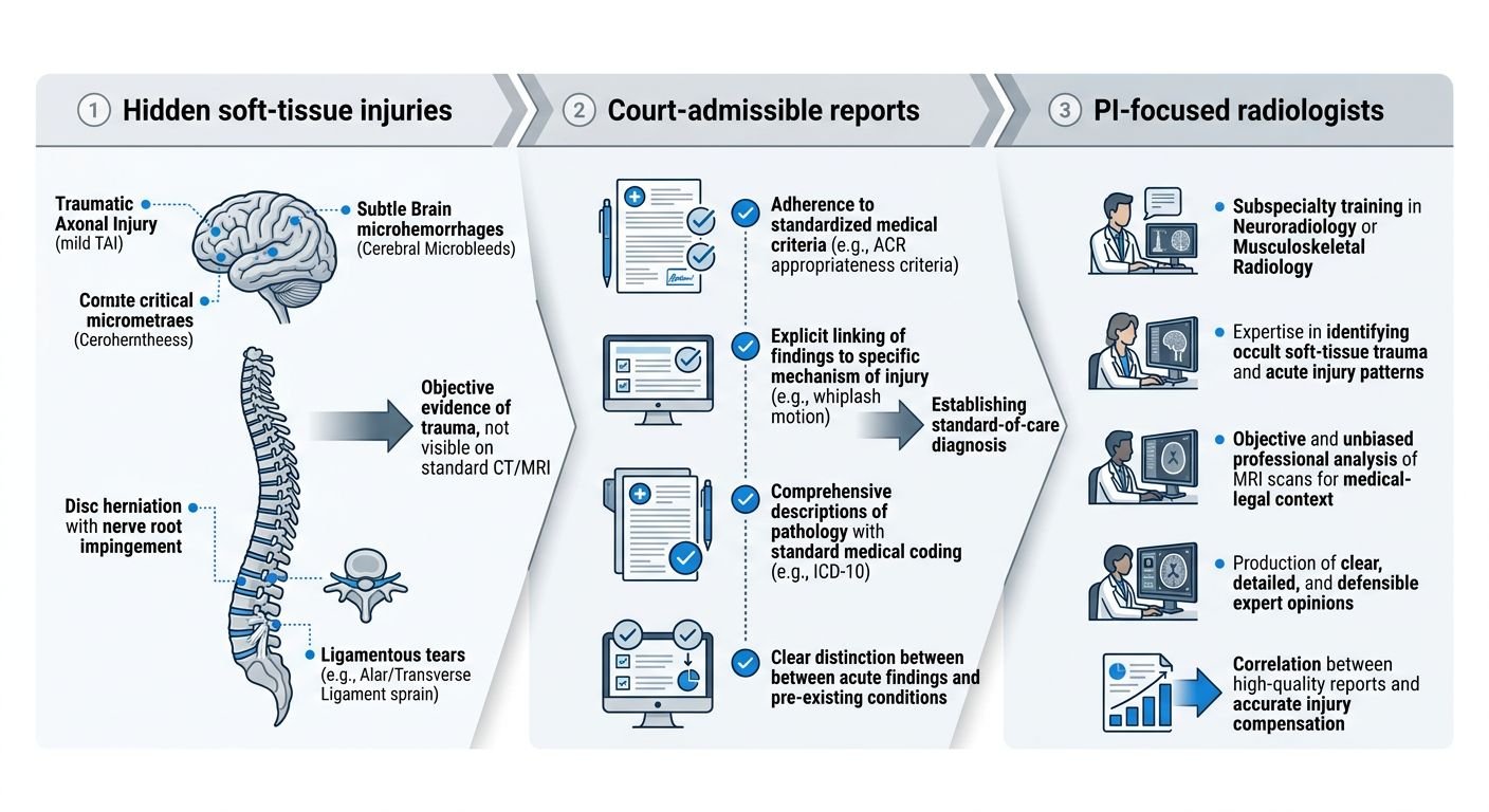 Infographic showing the benefits of MRI for personal injury cases, including detection of hidden soft-tissue injuries, court-admissible reports, and board-certified radiologists.