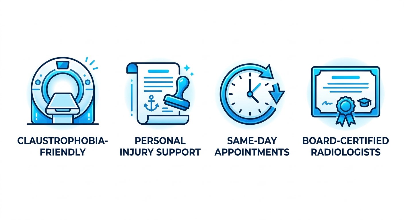 Open MRI services infographic for Katy, Texas showing four benefit icons including a wide-open scanner, lien document, clock, and certificate icons